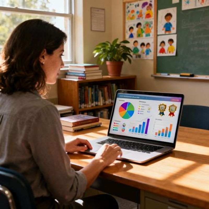 Teacher reviewing student progress analytics on laptop screen showing gamification metrics