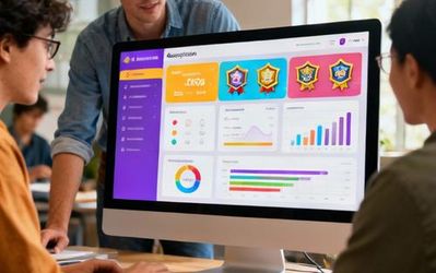 Educational technology team analyzing gamification platform metrics on multiple screens in modern office