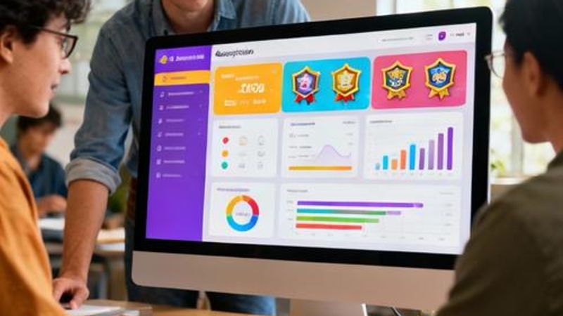 Educational technology team analyzing gamification platform metrics on multiple screens in modern office