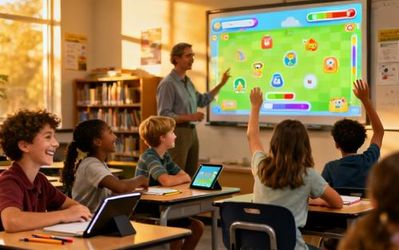 Teacher using gamified learning platform with students in modern classroom