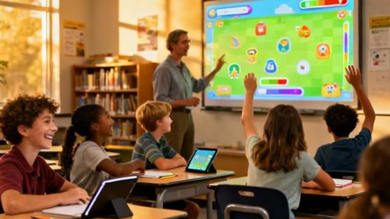 Teacher using gamified learning platform with students in modern classroom