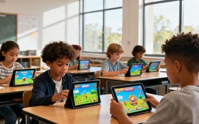 Students engaging with gamified learning application on tablets in modern classroom