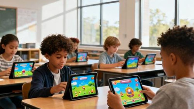 Students engaging with gamified learning application on tablets in modern classroom