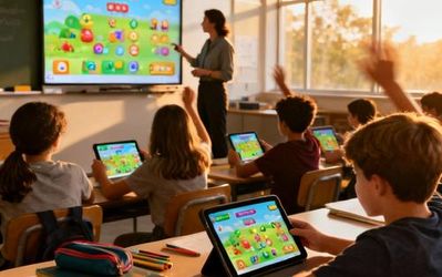 Educator using digital gamification tools with students in modern classroom