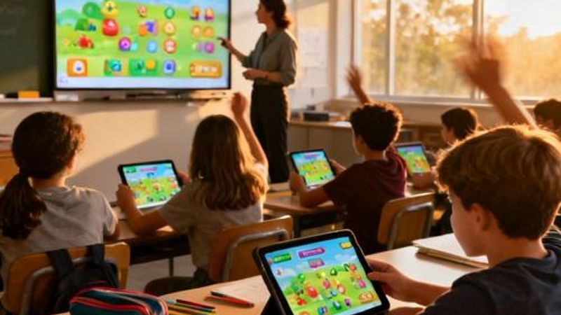 Educator using digital gamification tools with students in modern classroom