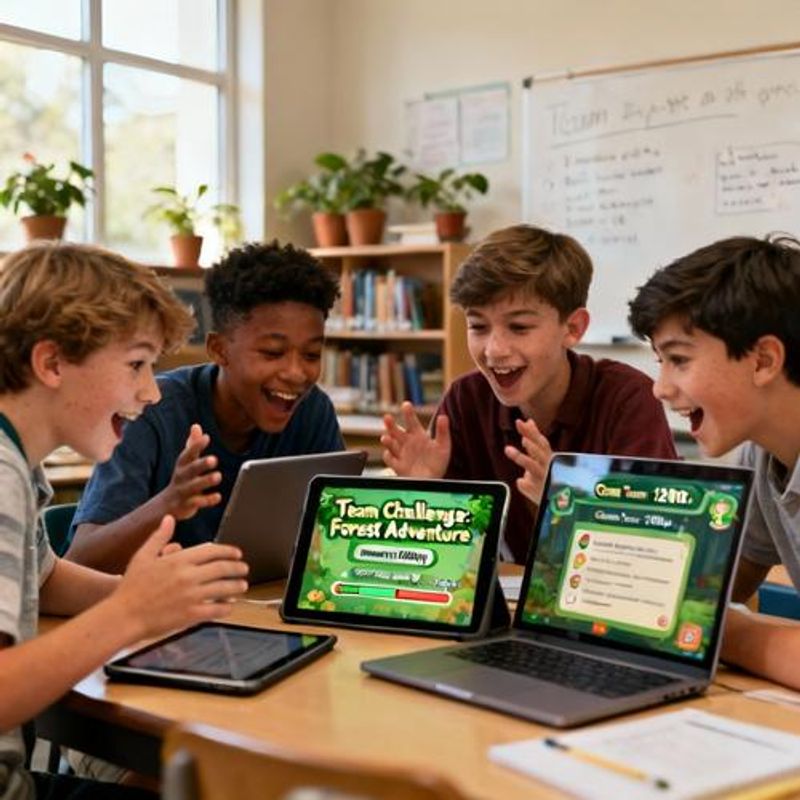 Students collaboratively working on gamified learning activities with visible engagement and excitement