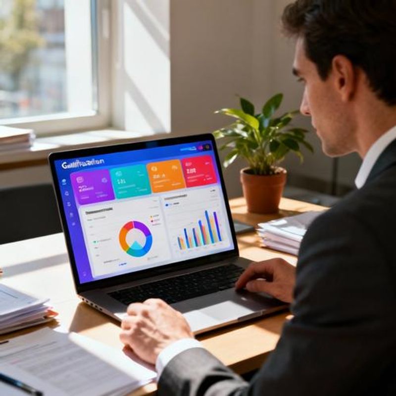 Business professional analyzing gamification metrics on laptop screen