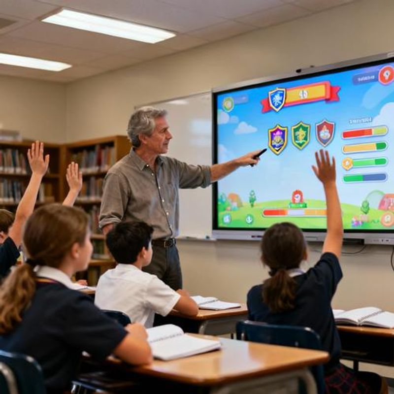 Teacher implementing gamified lesson with interactive whiteboard showing point system