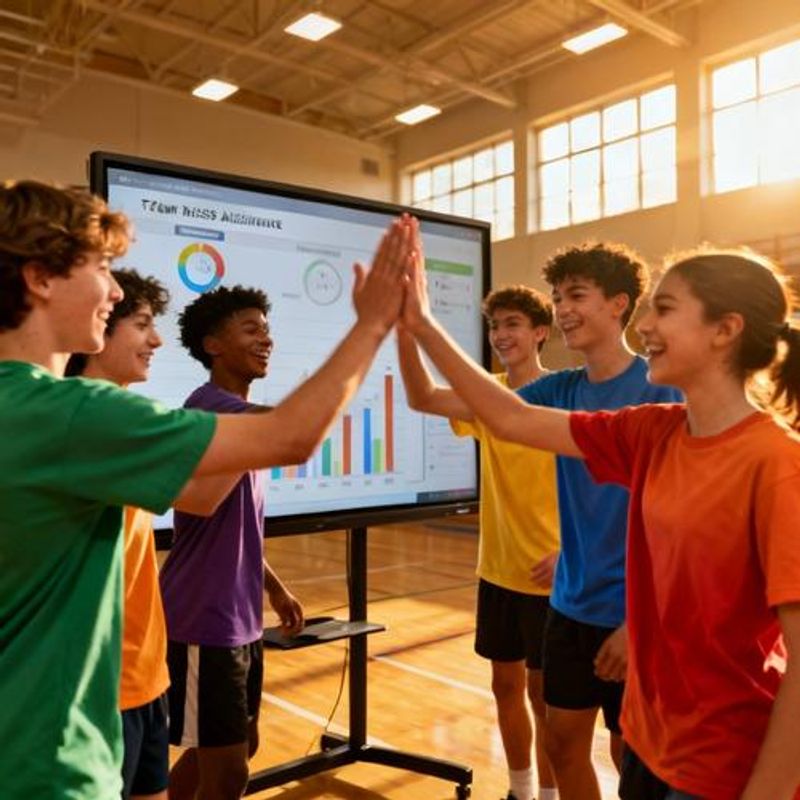 High school students in team uniforms celebrating achievement while looking at group progress dashboard on large screen