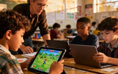 Students engaged with educational games on tablets and computers in a modern classroom setting