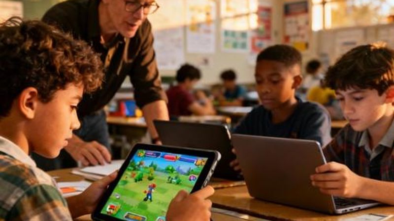 Students engaged with educational games on tablets and computers in a modern classroom setting