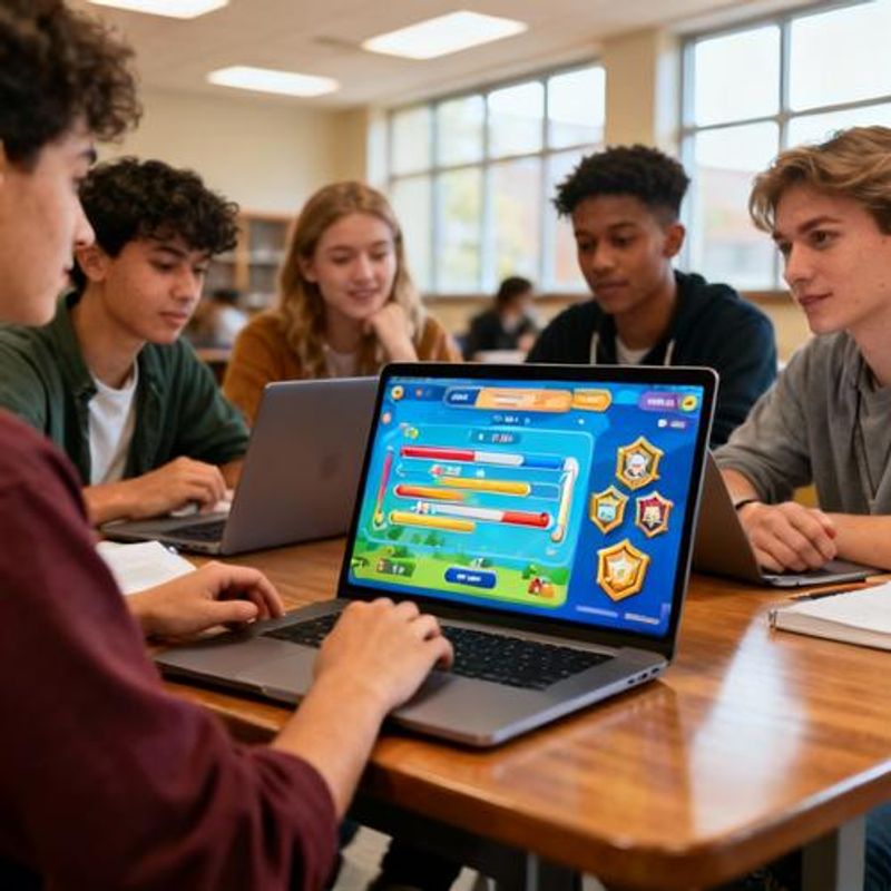 Students collaborating on gamified learning project with visible progress tracking and achievement systems