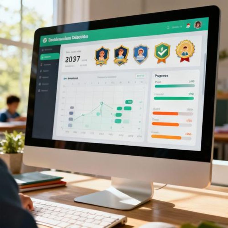 Digital dashboard showing student progress with gamification elements