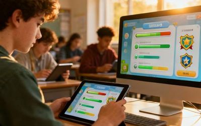 Students engaging with educational technology featuring gamification elements on tablets and computers in a modern classroom