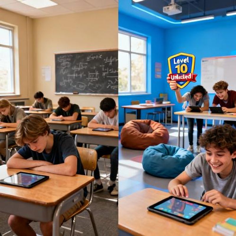 Split screen showing traditional classroom versus gamified learning environment