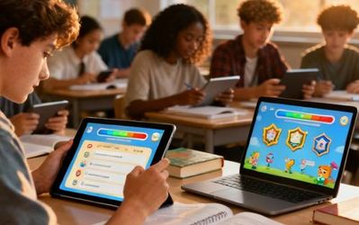 Students actively engaged with digital learning platform featuring game elements and achievement badges