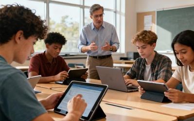 Students engaged in collaborative digital game-based learning activity in modern classroom