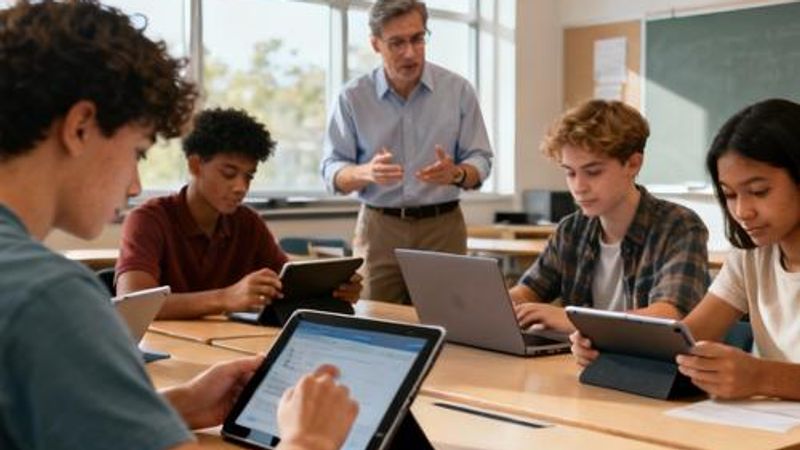 Students engaged in collaborative digital game-based learning activity in modern classroom