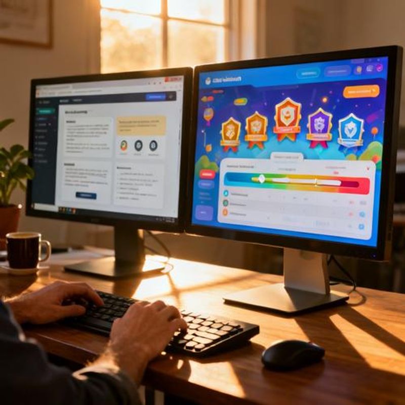Split screen showing traditional learning interface versus gamified learning dashboard with progress bars and achievements