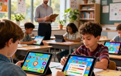 Students engaged with gamified learning platform on tablets in modern classroom