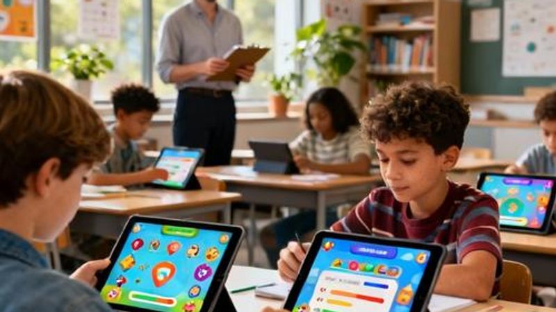 Students engaged with gamified learning platform on tablets in modern classroom