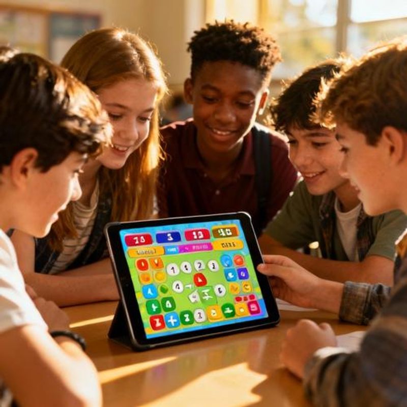 Students collaborating around tablet showing gamified math problem with team points