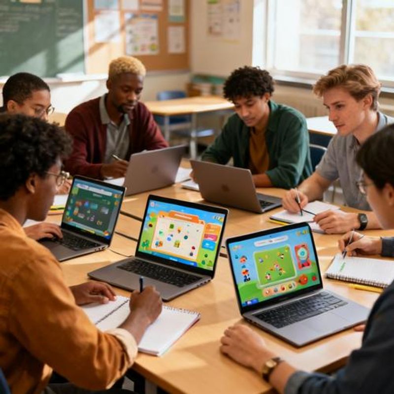 Educational team collaborating around table with laptops showing different gamified learning platforms