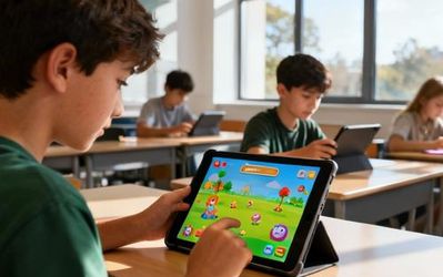 Students engaged with educational tablets showing game-like interfaces in a modern classroom setting