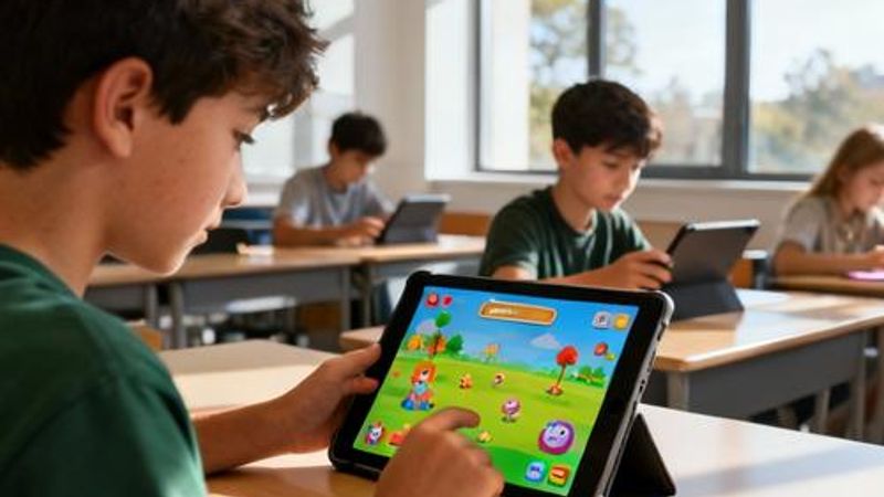 Students engaged with educational tablets showing game-like interfaces in a modern classroom setting