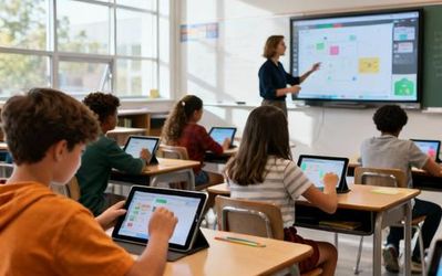 Modern classroom with students engaged in digital learning activities on tablets and interactive displays