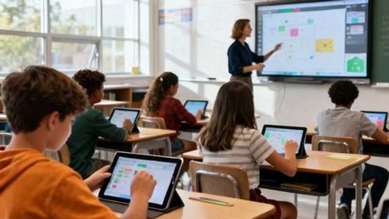 Modern classroom with students engaged in digital learning activities on tablets and interactive displays