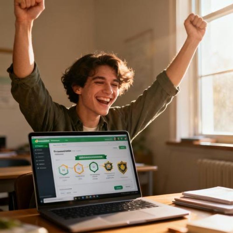 Person celebrating achievement milestone while using learning app on laptop