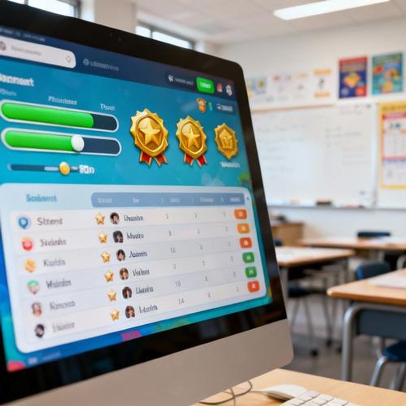 Educational dashboard showing gamification elements like points and badges