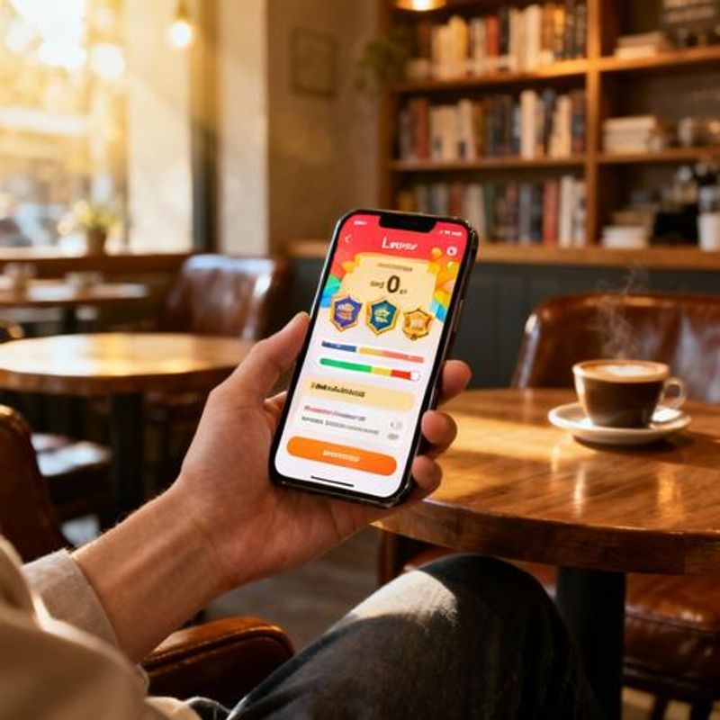 Customer using smartphone with gamified loyalty app showing points, badges, and progress bars