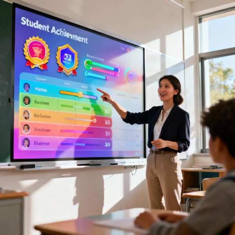 Teacher presenting gamification dashboard showing student progress and achievements