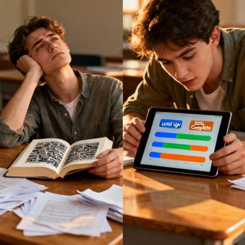 Comparison of traditional learning vs gamified learning with visual progress indicators