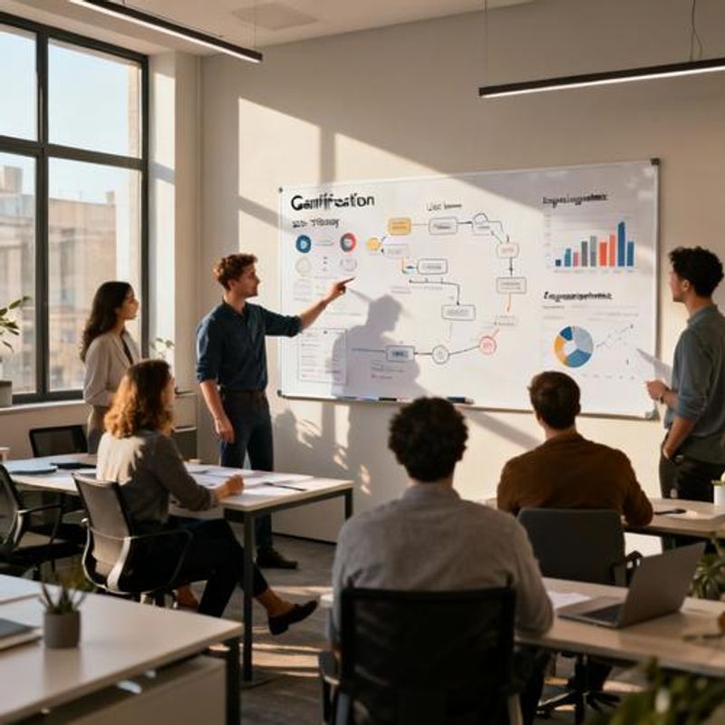 Educational team meeting discussing gamification strategy with whiteboard showing user journey maps and engagement metrics