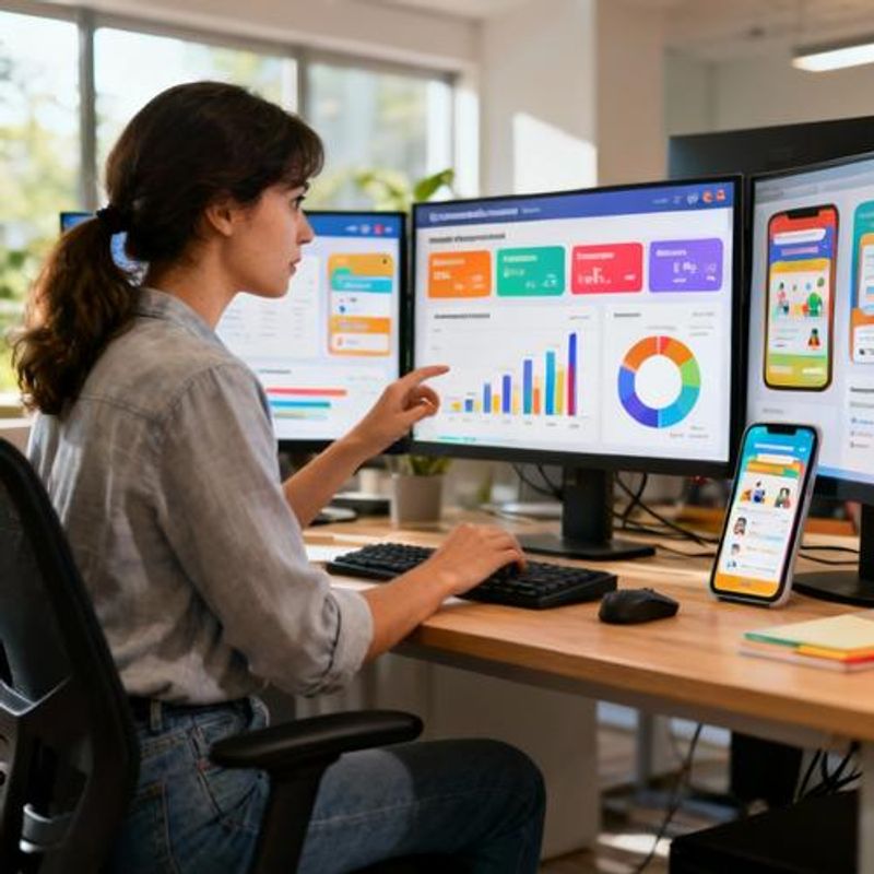 EdTech professional analyzing gamification metrics and user engagement data on computer screen