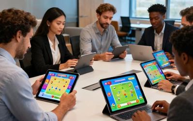 Business professionals engaging with interactive training on digital devices in modern office setting