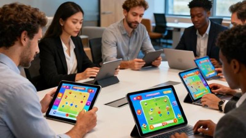 Business professionals engaging with interactive training on digital devices in modern office setting