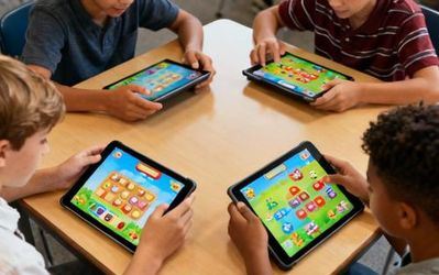 Students engaged with interactive gamified learning interface on tablets