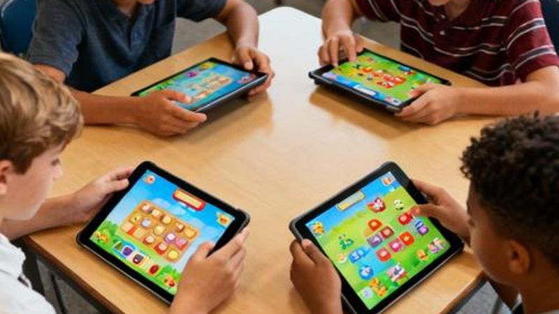 Students engaged with interactive gamified learning interface on tablets