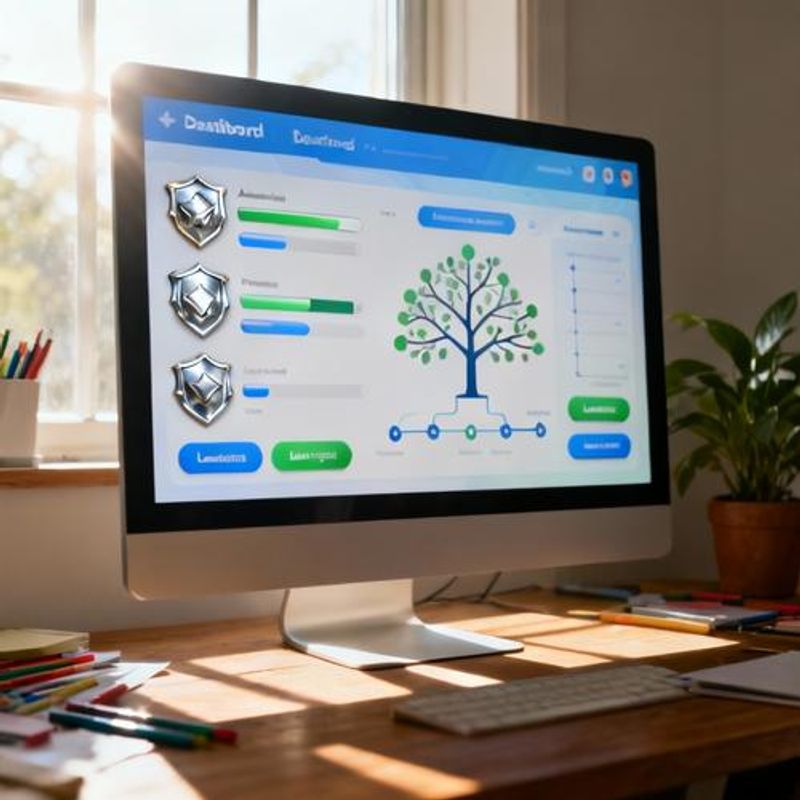 Dashboard showing various gamification elements including progress bars, achievement badges, and learning paths