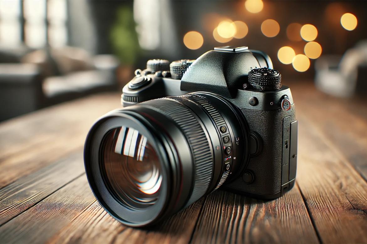DSLR camera sitting on a wooden table