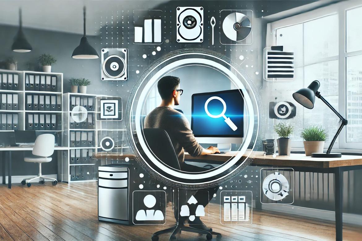 Guy sitting at computer desk searching for files