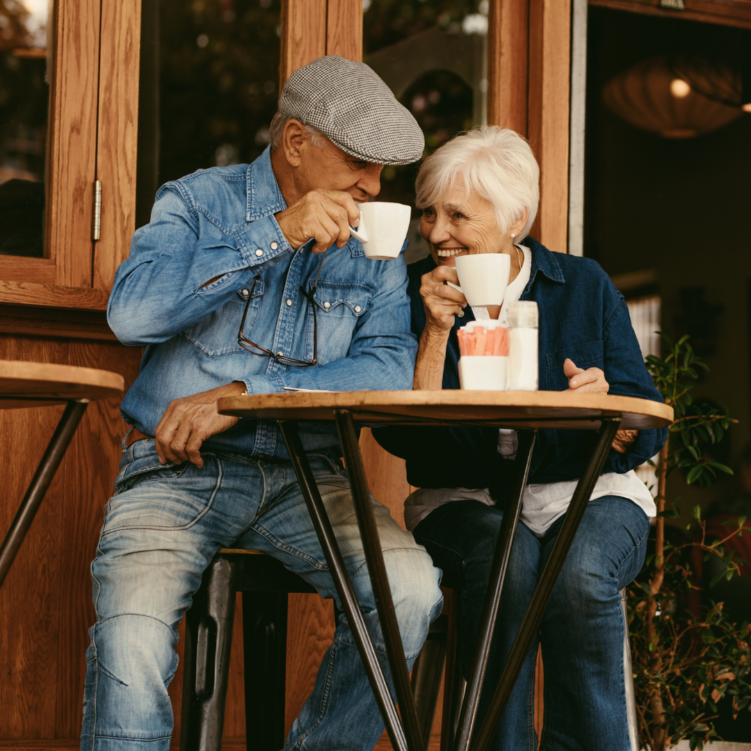 retired couple enjoying coffee