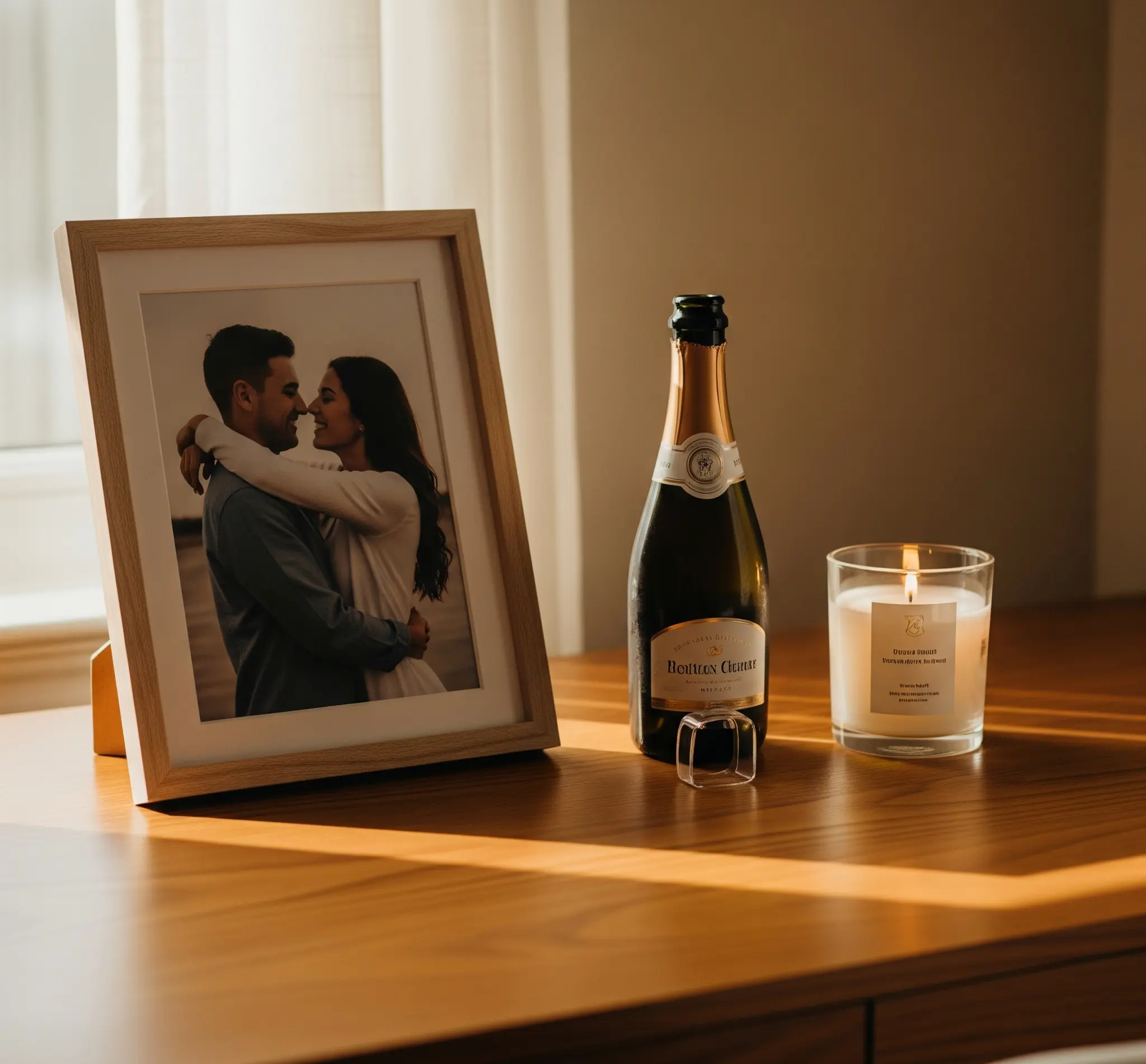 Celebration gift with candle, wine, and chocolates