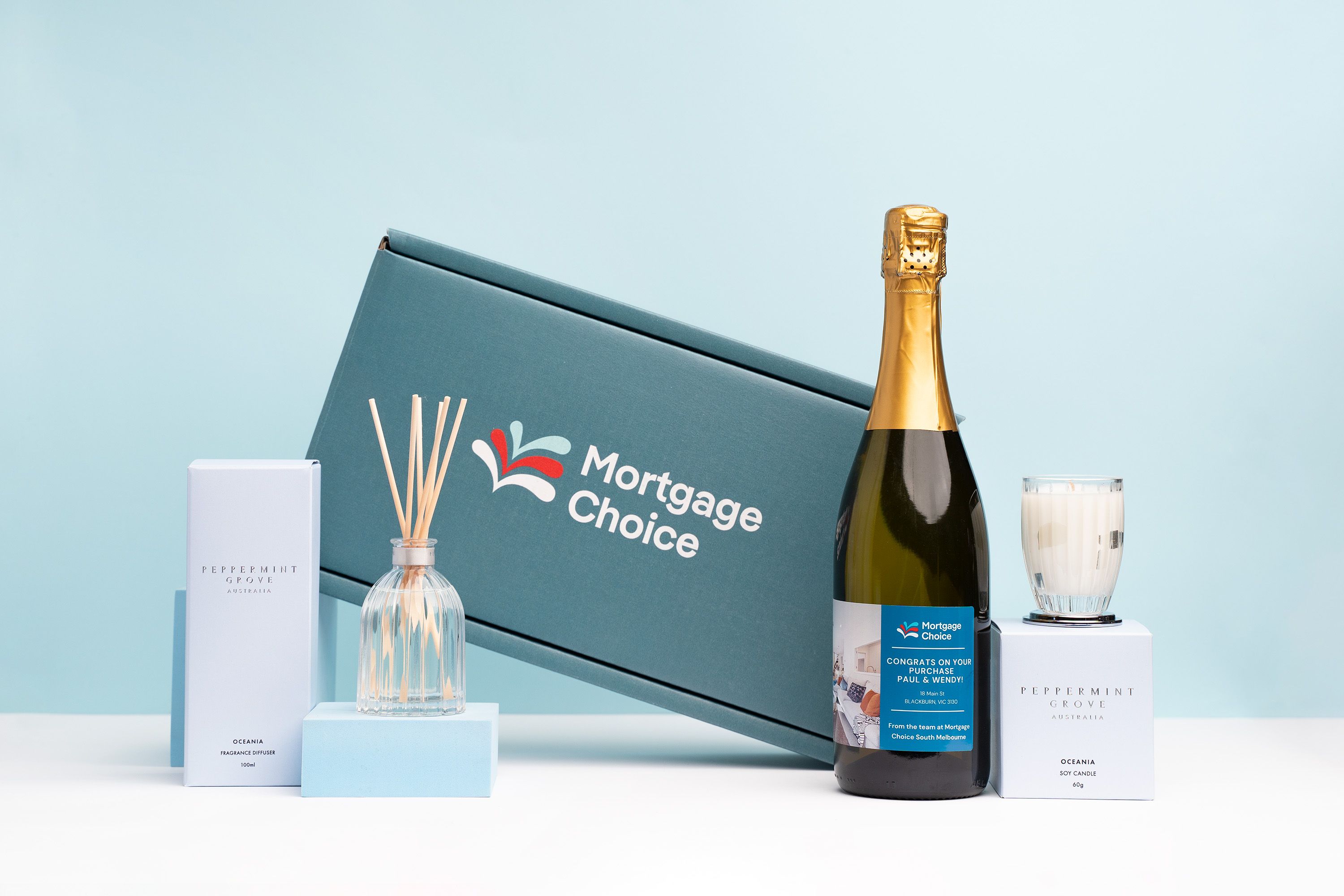 Personalised wine for Mortgage Choice Gift with Diffuser and Candle