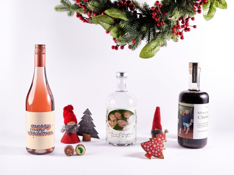 Personalised Christmas Gift Boxes and bottles of alcohol, personalised espresso martini, personalised rośe and personalised pink gin