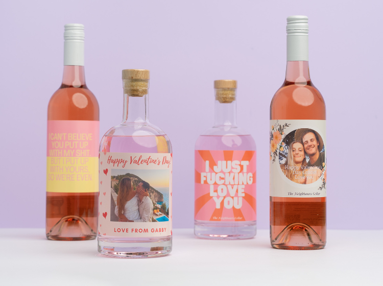 Personalised bottles of alcohol, two personalised wines and two personalised gin bottles